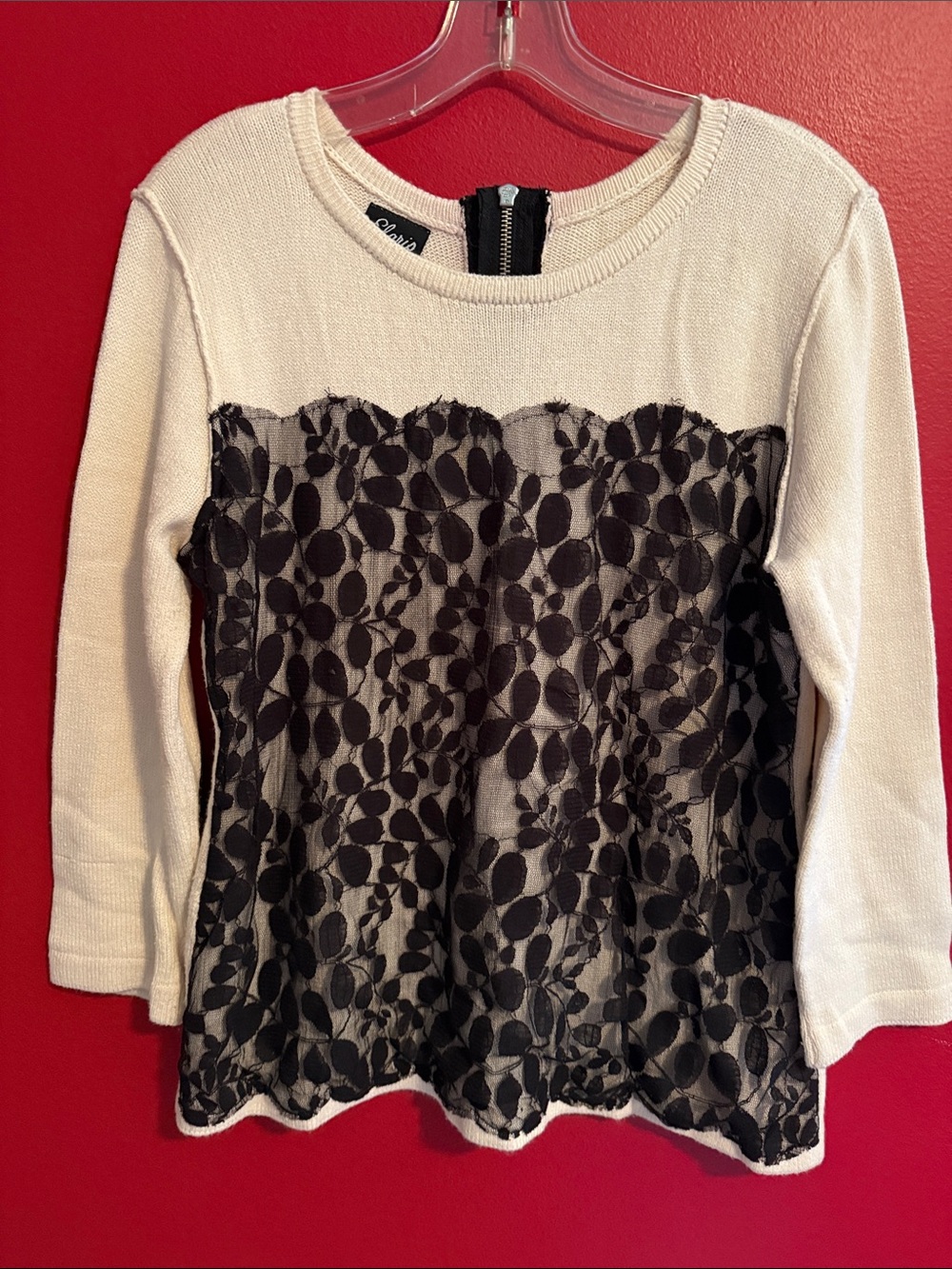 Elaris Dressy Sweater Top w/ Black Lace Overlay Sz L
